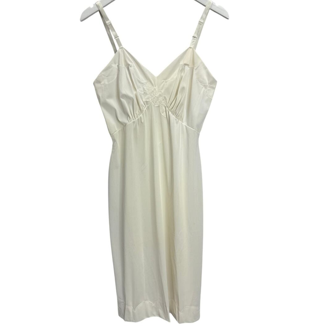 Vintage Shadowline Full Slip Size 36 Off White Scalloped Hem Knee Length Lace